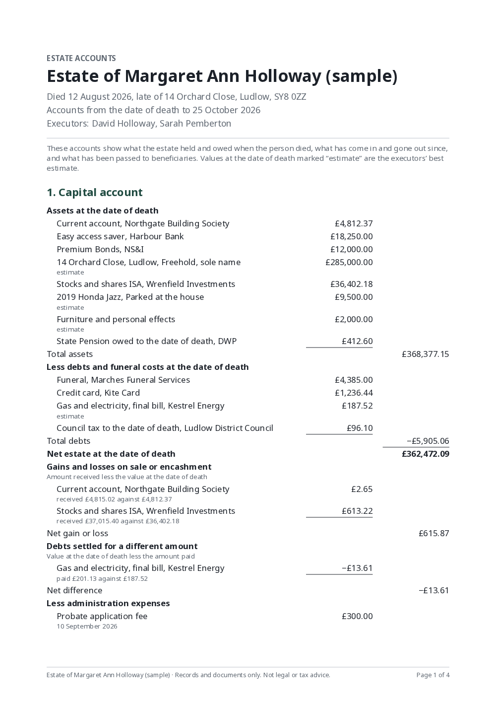First page of a sample estate accounts PDF with the capital account