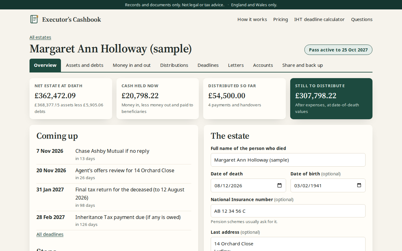 Executor’s Cashbook showing a sample estate: totals for the net estate, cash held and amounts distributed, with upcoming deadlines